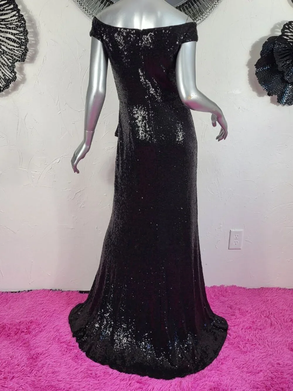 NWT~$595~TADASHI SHOJI~M~BLACK SEQUIN SLIT RUFFLE RUCHED PROM EVENING MAXI DRESS